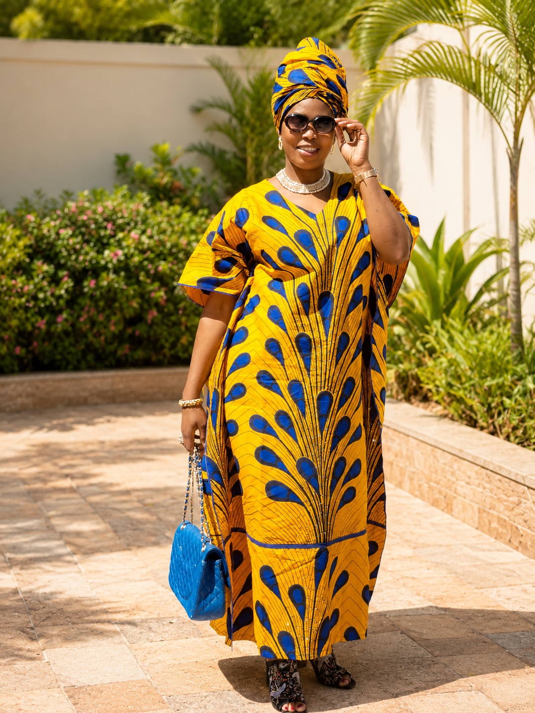 Mariette Bondey wearing a vibrant African-print outfit